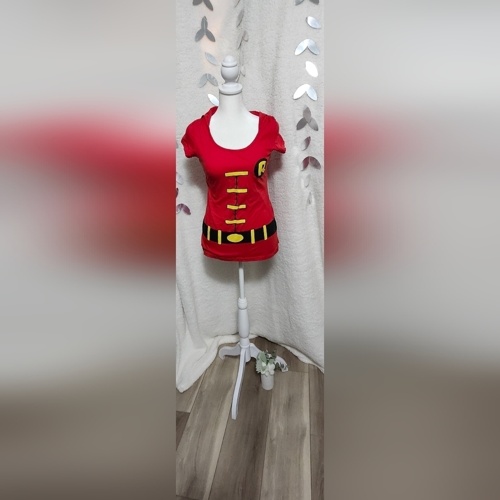 Robin Tee with Hood No cape included but has velcro for a cape. Size:L Halloween